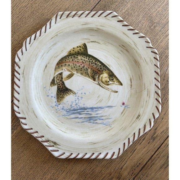 Lenox Riverwood Rainbow Trout Luncheon Plate 9”Birch Bark Cabin Fishing NWT - Picture 1 of 7